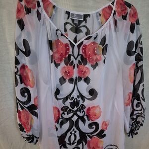 JM Collection Floral Blouse with Pink and Black Accents